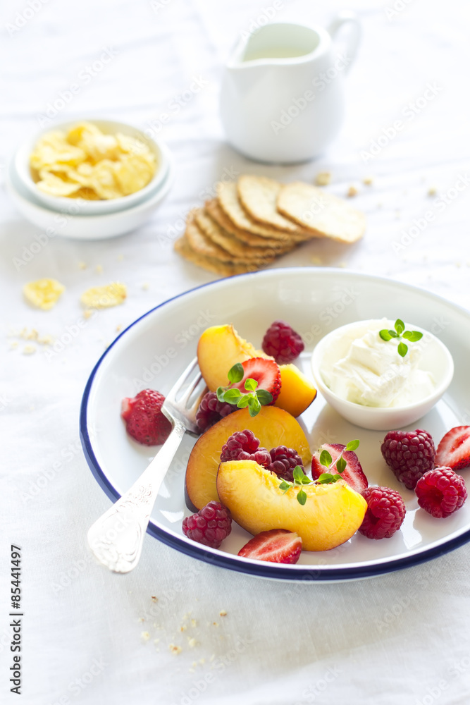fresh peaches and raspberries in an enamel plate on a light background fresh peaches and raspberries in an enamel plate on a light background