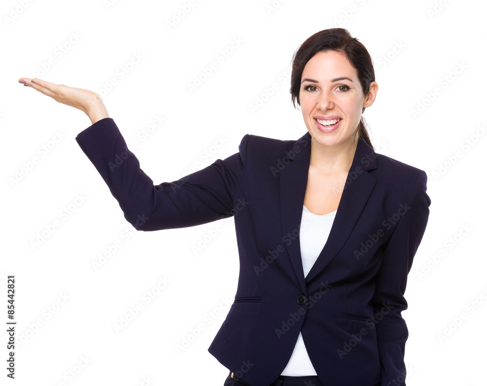 Beautiful businesswoman with hand show with blank sign Beautiful businesswoman with hand show with blank sign