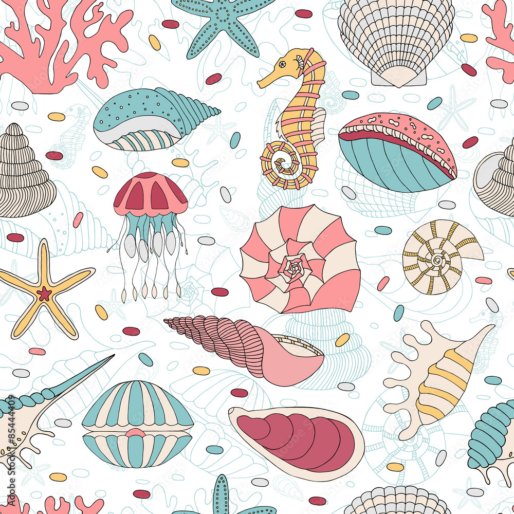 Seamless pattern of seashells