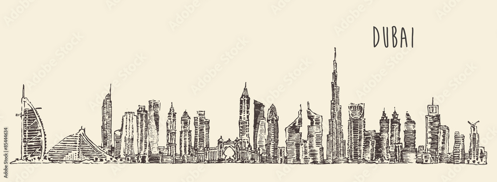 Dubai City Skyline Hand Drawn, Engraved Vector Dubai City Skyline Hand Drawn, Engraved Vector