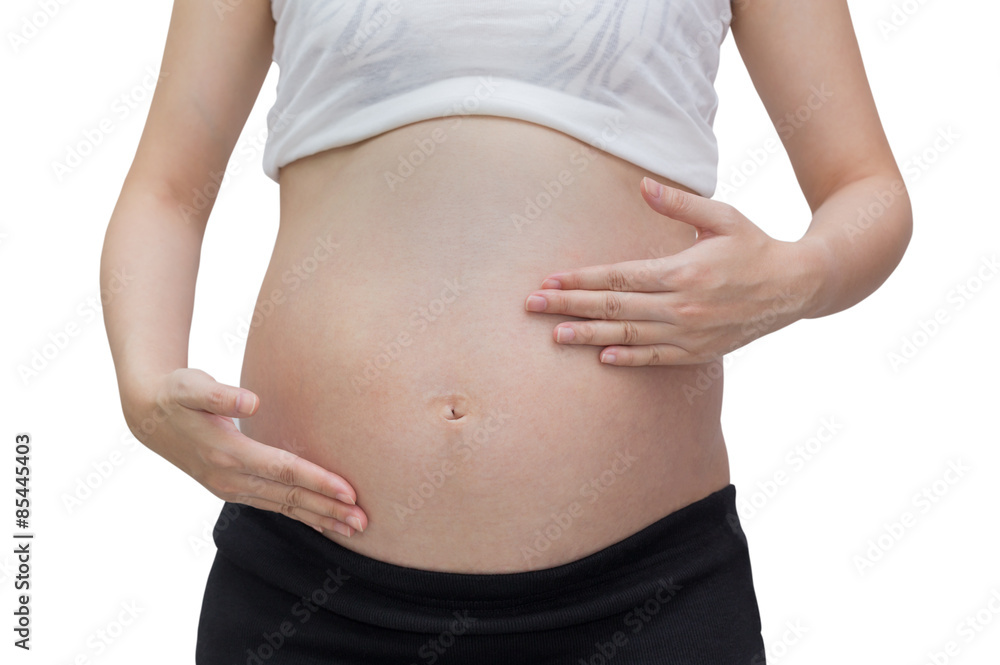 The itch,pain of pregnant belly, Isolated against white background The itch,pain of pregnant belly, Isolated against white background