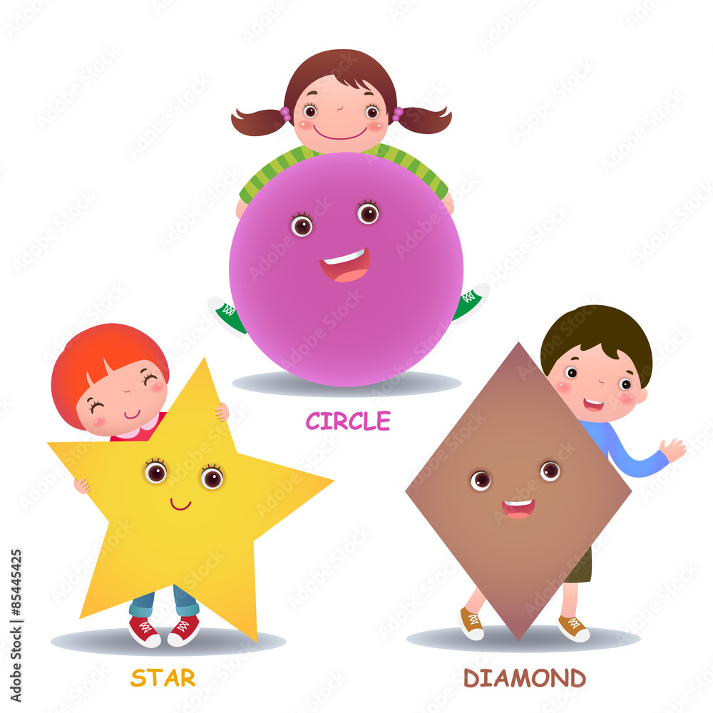 Cute little cartoon kids with basic shapes star circle diamond Cute little cartoon kids with basic shapes star circle diamond