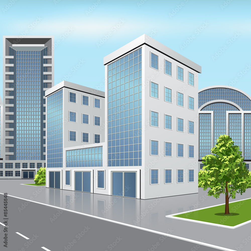 office building with reflection on the street background office building with reflection on the street background
