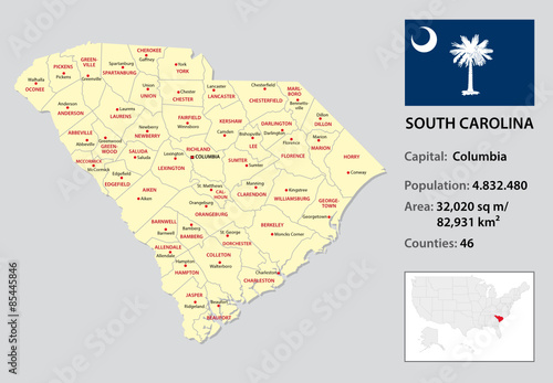 south carolina administrative map with flag and country data