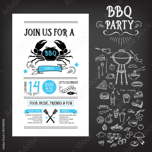 Barbecue party invitation. BBQ template menu design. Food flyer.