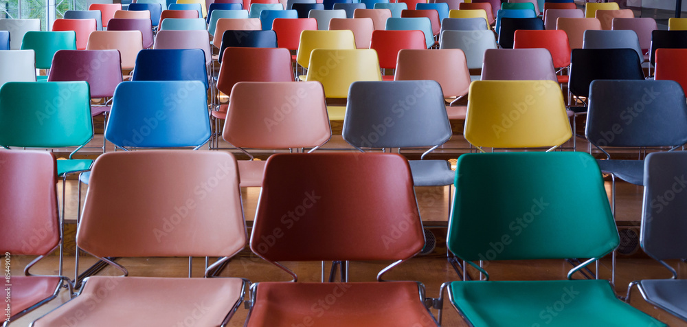 Rows of colorful chairs - obrazy, fototapety, plakaty 