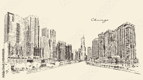 Chicago big city architecture engraving vector illustration hand drawn