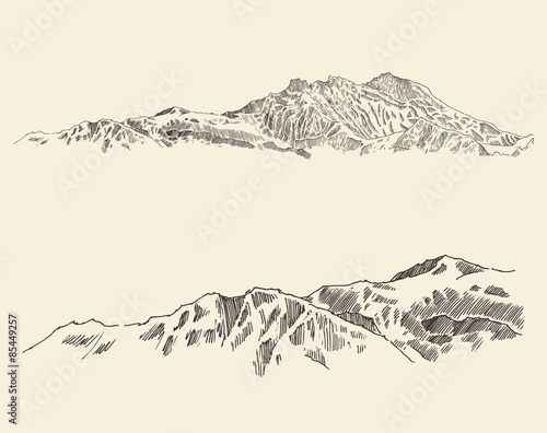 Mountains contours of the mountains engraving vector illustration hand drawn sketch