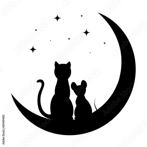 cat and little mouse sitting on the moon