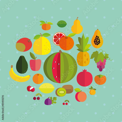 Fruits on a blue background with polka dots.