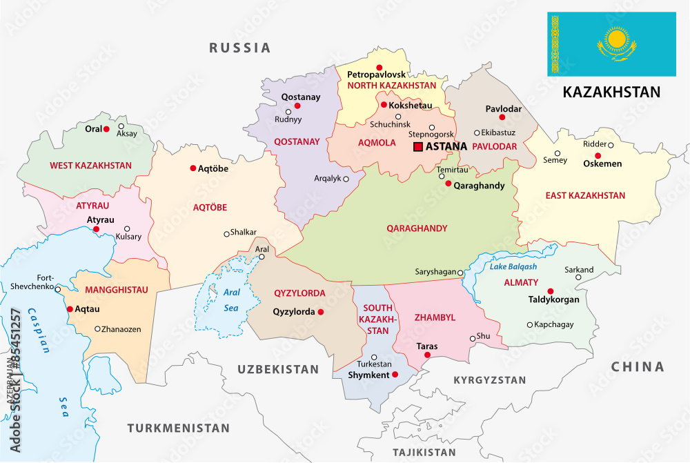 kazakhstan administrative map with flag