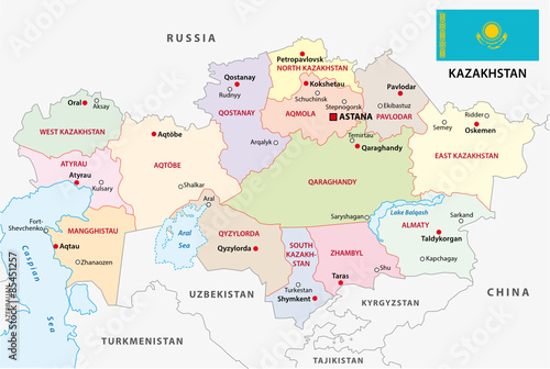 kazakhstan administrative map with flag