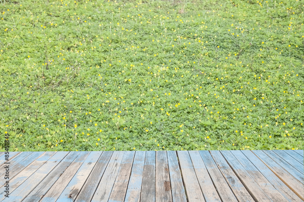old wooden floor platform on green leaf and flower nature backgr