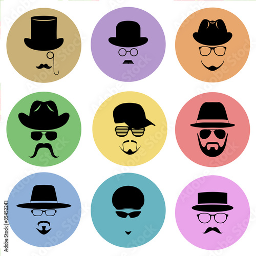 A set of flat icons. Silhouette of a man wearing a hat, with glasses, with a beard and mustache. Vector illustration.