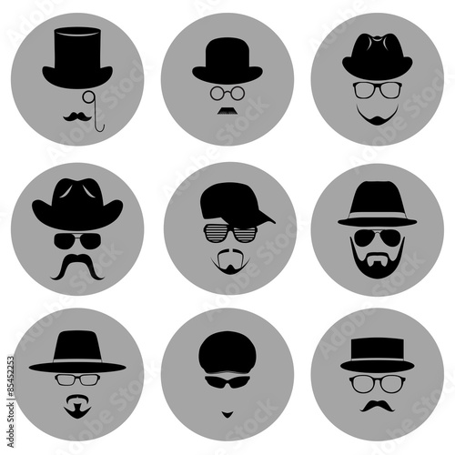 A set of round flat icons. Silhouette of a man wearing a hat, with glasses, with a beard and mustache. 
