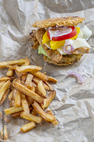 Canvas Print Burger with ramen noodles
