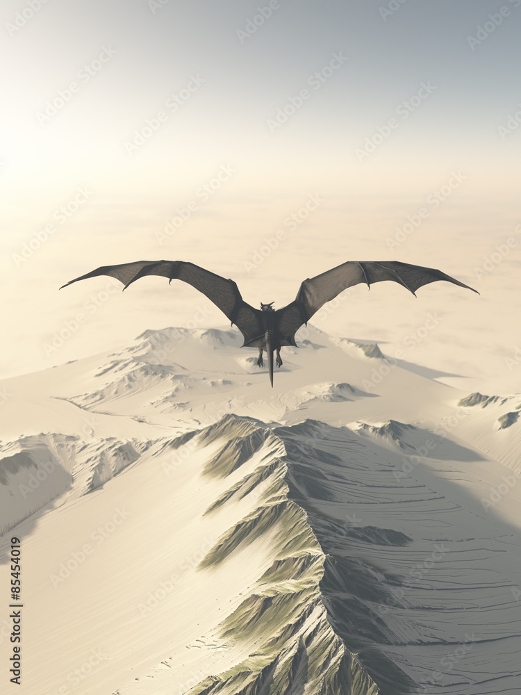 Fototapeta premium Fantasy ilustracja szarego smoka latającego nad ośnieżonym pasmem górskim, 3d cyfrowo świadczonych ilustracji