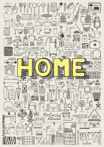Big set of hand drawn home appliance icons. Home doodles.