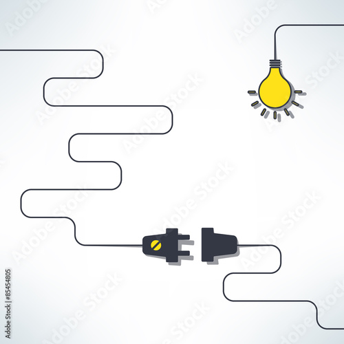Vector wire plug and socket with light bulb background in simple