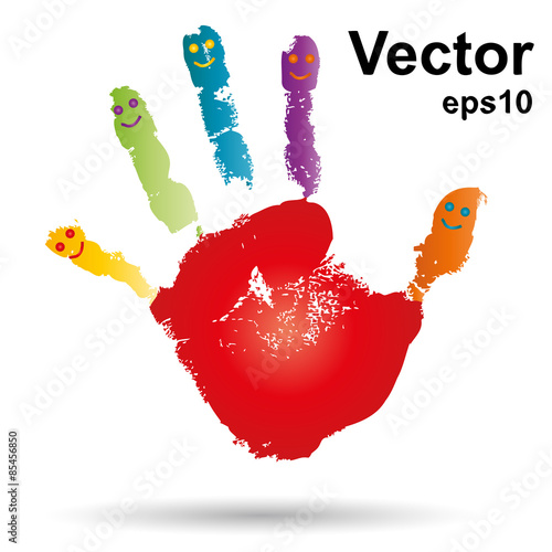 Vector conceptual red human child handprint, smiley faces isolated