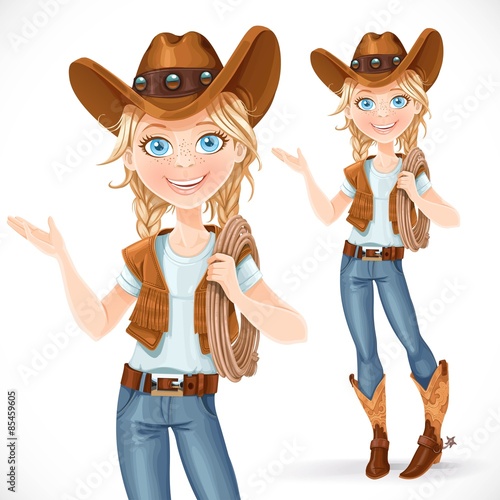 Beautiful girl in a cowboy hat and with lasso says something, is
