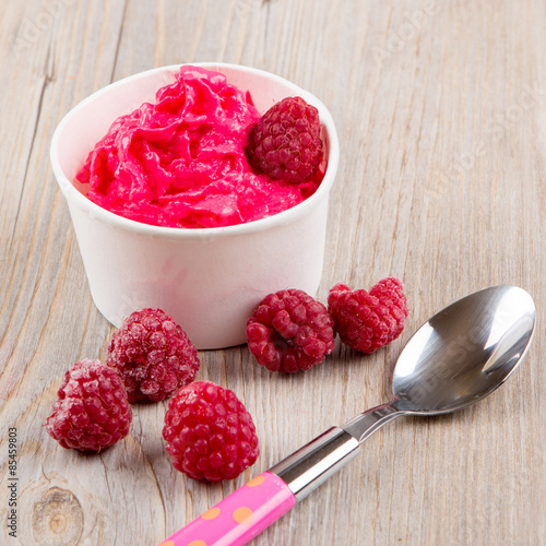 Frozen creamy ice yoghurt  with whole raspberries photo