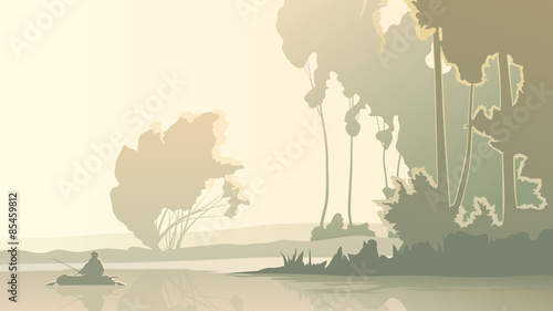 Vector illustration of fisherman fishes in morning on lake.