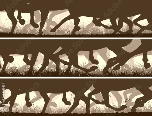 Horizontal banners of silhouette of galloping horses legs.