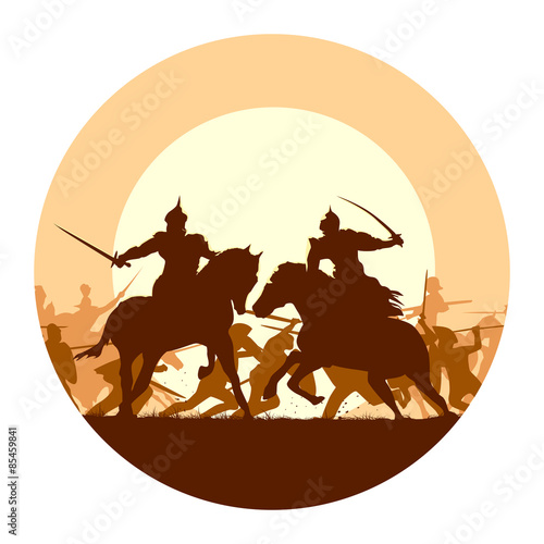 Round illustration of medieval battle with fight of two mounted