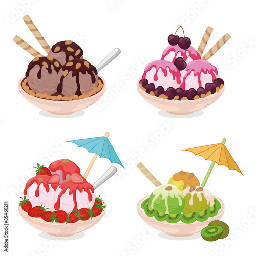 Cup with ice cream, wafers, strawberries and nuts
