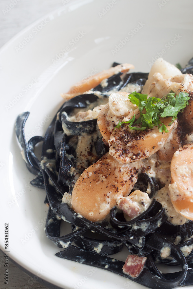 Carbonara squid ink with sausages Carbonara squid ink with sausages