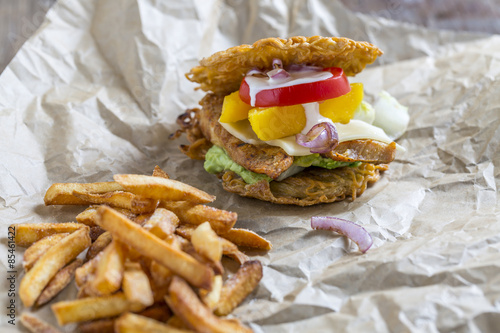 Canvas Print Burger with ramen noodles