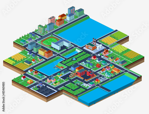 Vector isometric city isolated on white with lots of buildings.