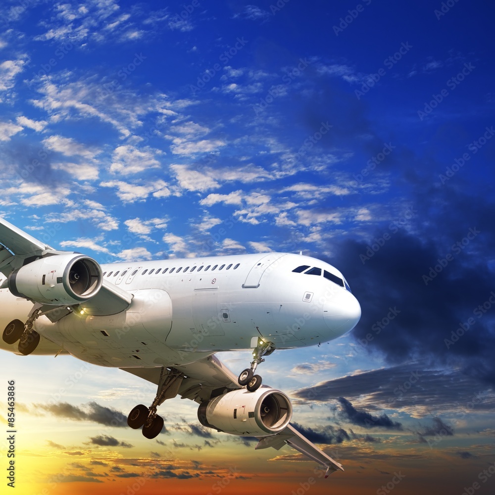 Obraz premium Jet plane in a sunset sky
