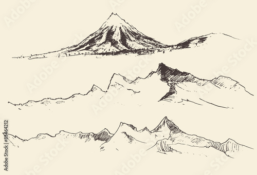 Mountains contours of the mountains engraving vector illustration hand drawn sketch