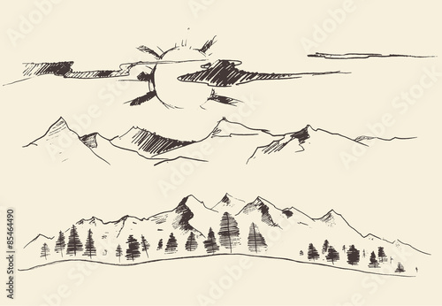Mountains contours of the mountains engraving vector illustration hand drawn sketch