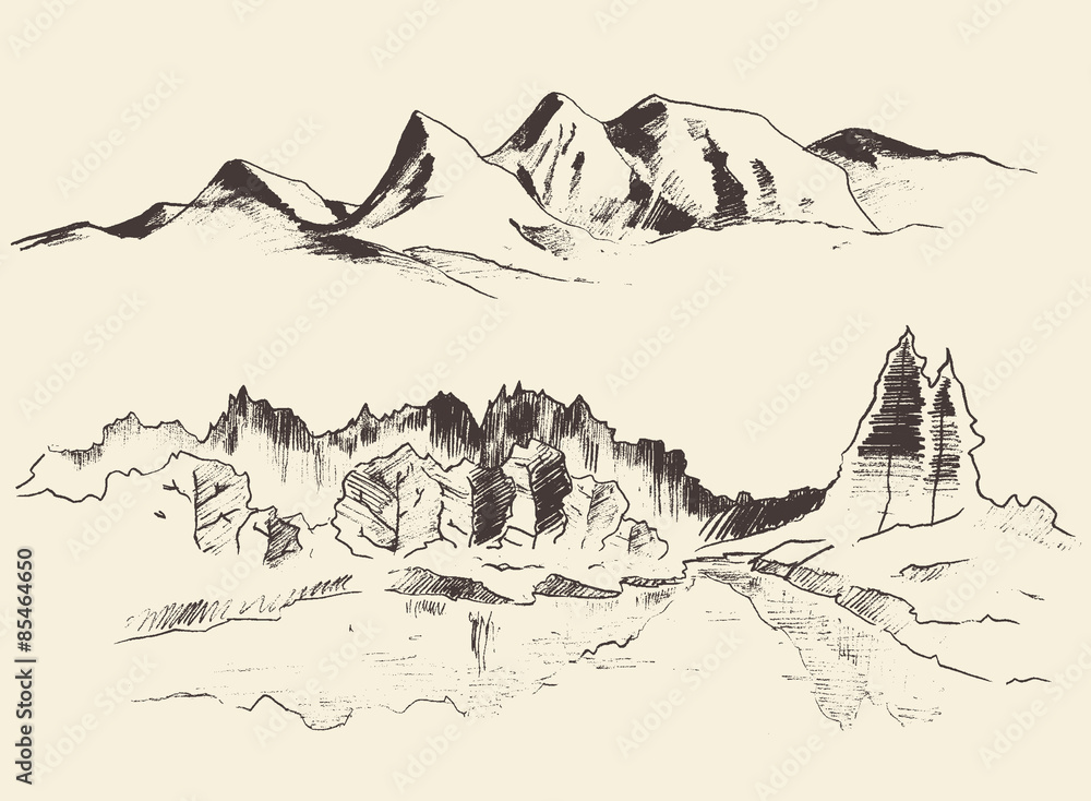 Plakat Góry kontury gór, grawerowanie wektor ilustracja ręcznie rysowane szkic