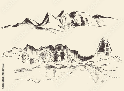 Mountains contours of the mountains engraving vector illustration hand drawn sketch