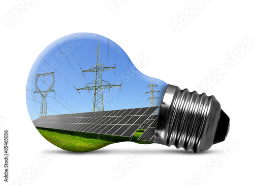 Solar panels with pylons in light bulb isolated on white.