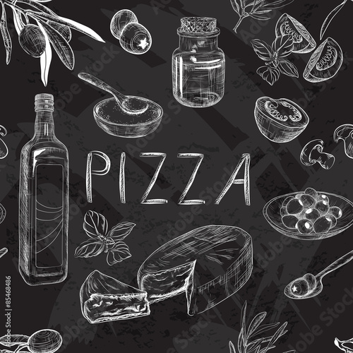 Vector black and white seamless pattern with Pizza menu
