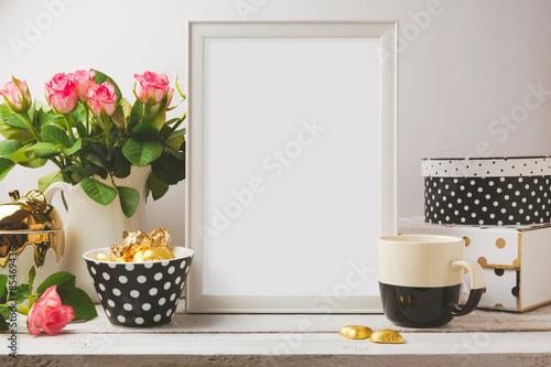 Poster template mock up with glamour and elegant feminine objects photo