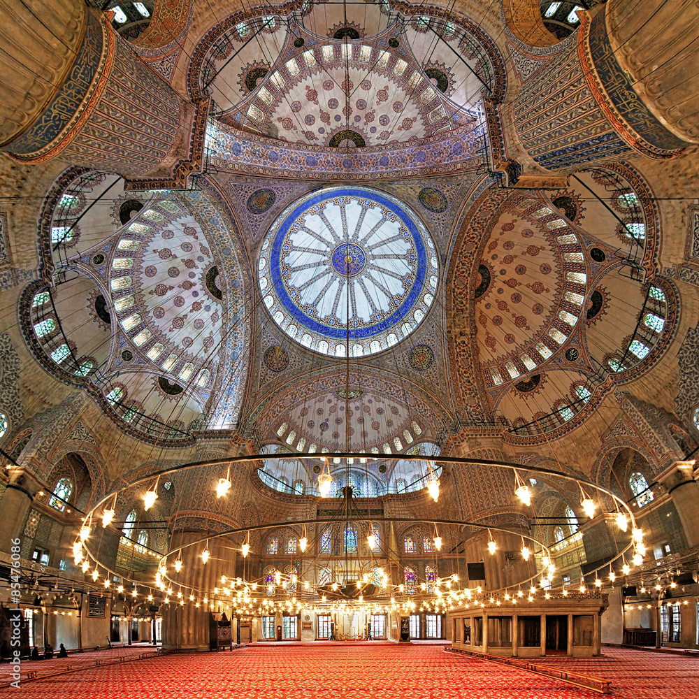 Interior of the Sultan Ahmed Mosque in Istanbul, Turkey