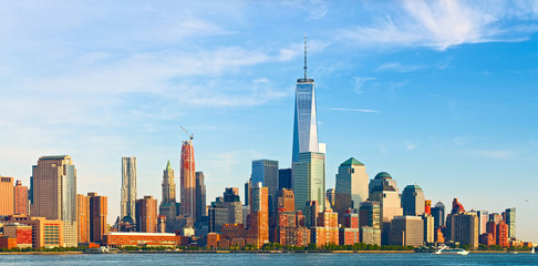 New York City, financial business buildings in Manhattan on a late summer afternoon