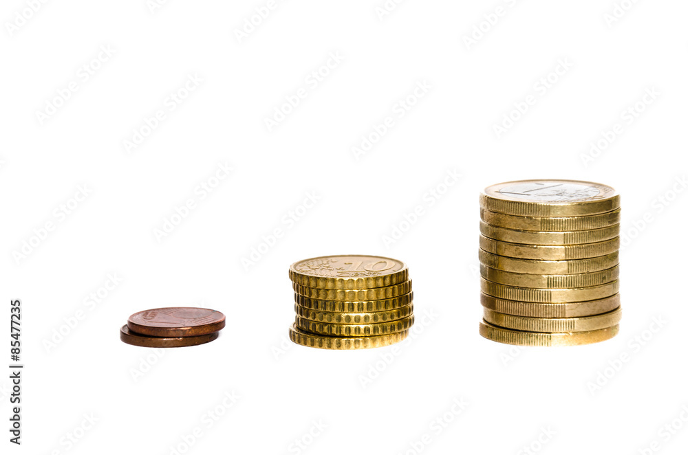 three different pile of euro coins, different in number and value to indicate the gain over a period, over white three different pile of euro coins, different in number and value to indicate the gain over a period, over white