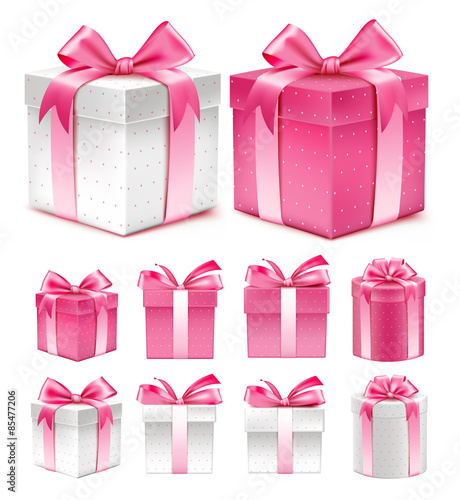 Realistic 3D Collection of Colorful Pink Pattern Gift Box with Ribbon and Bow