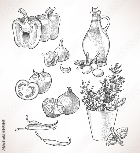 Olive oil, vegetables and herbs
