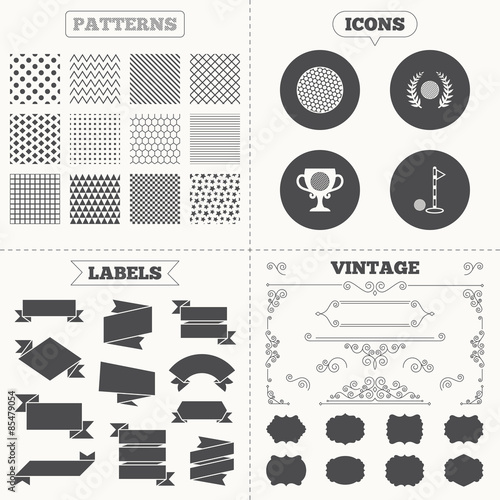 Golf ball icons. Laurel wreath award symbol.