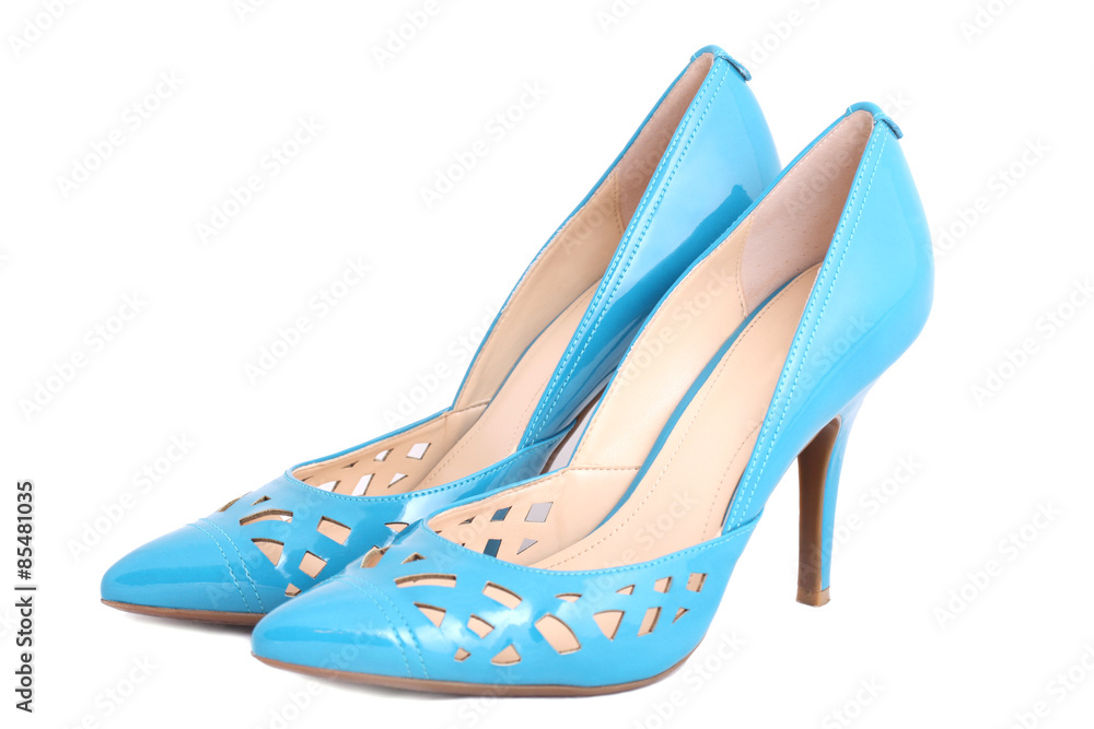 Naklejka premium isolated women beautiful modern high-heeled leather turquoise shoes 