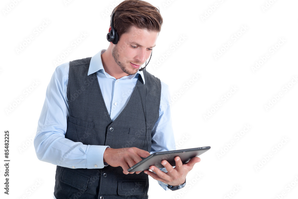 Geschäftsmann mit Headset und Tablet bei der Arbeit Porträt Geschäftsmann mit Headset und Tablet bei der Arbeit Porträt