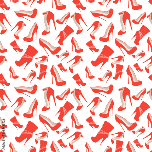 Seamless pattern of red shoes at very high heels